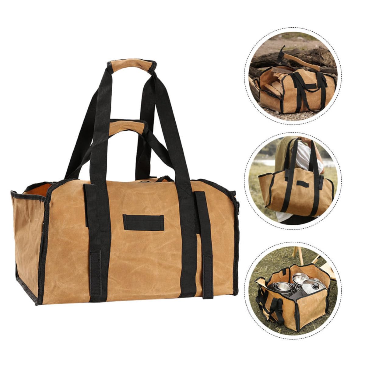 Borsa per Legna in Canvas Manici Doppi, Pratico Contenitore per Legna da Ardere, Borsa Portabile per Campeggio in Stile Semplice