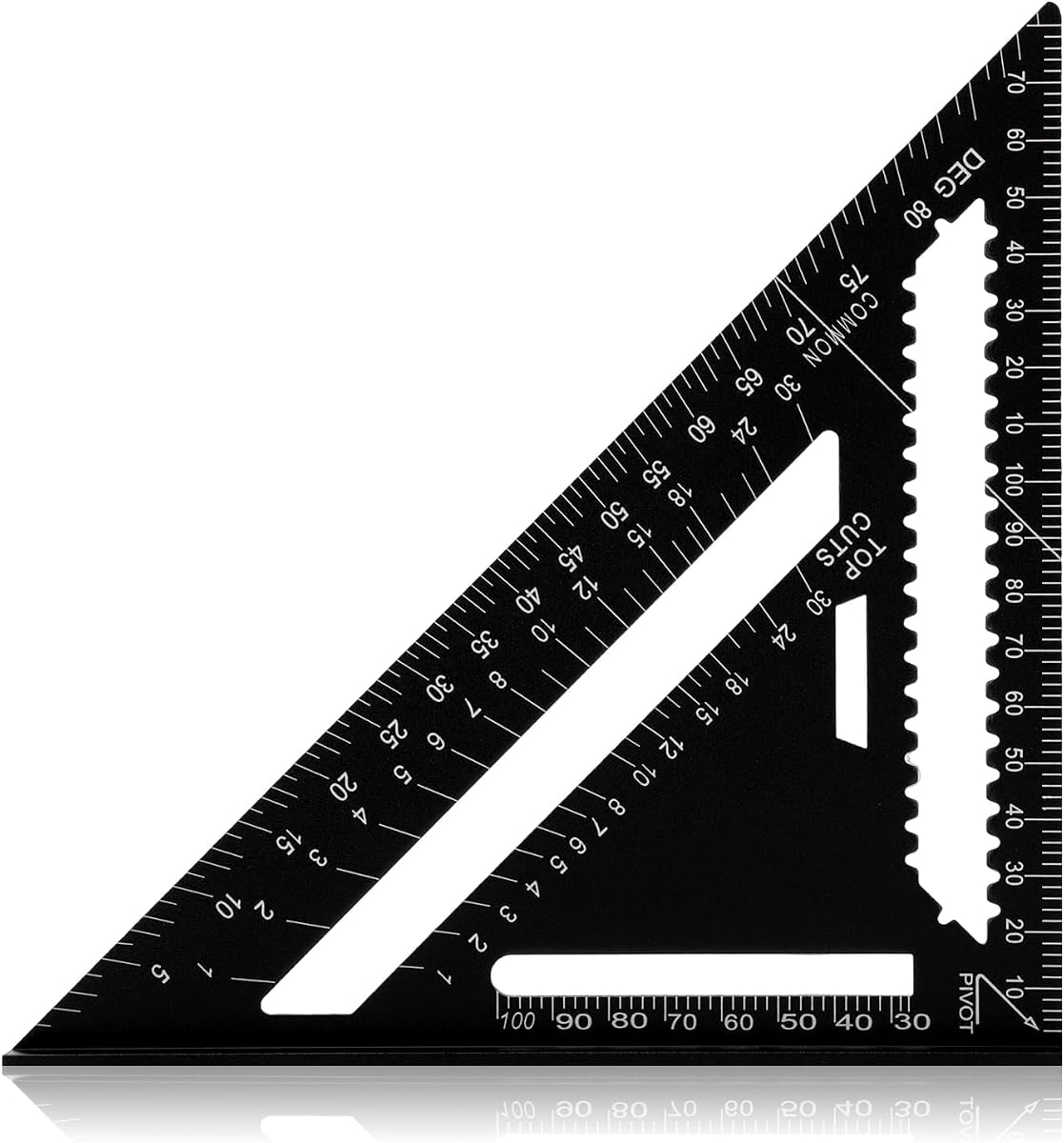 Carpenter Square 7 Inch, Aluminum Rafter Square, Carpenters Squares Tool for Angle Drawing, Metal Triangle Ruler Protractor for Woodworking (Black)