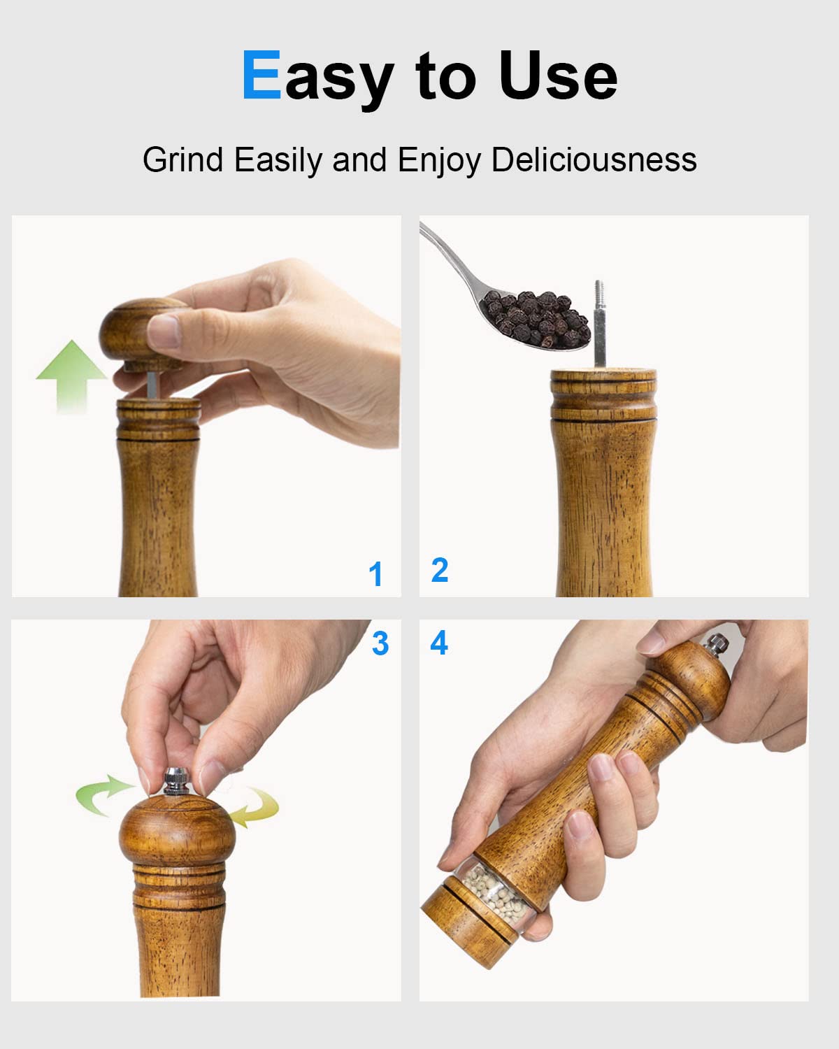 Molinillo de pimienta, molinillo de sal, molinillo de pimienta de madera con grosor ajustable, 8 pulgadas de alto, molinillo de pimienta manual recargable de madera para pimienta negra, fácil 6