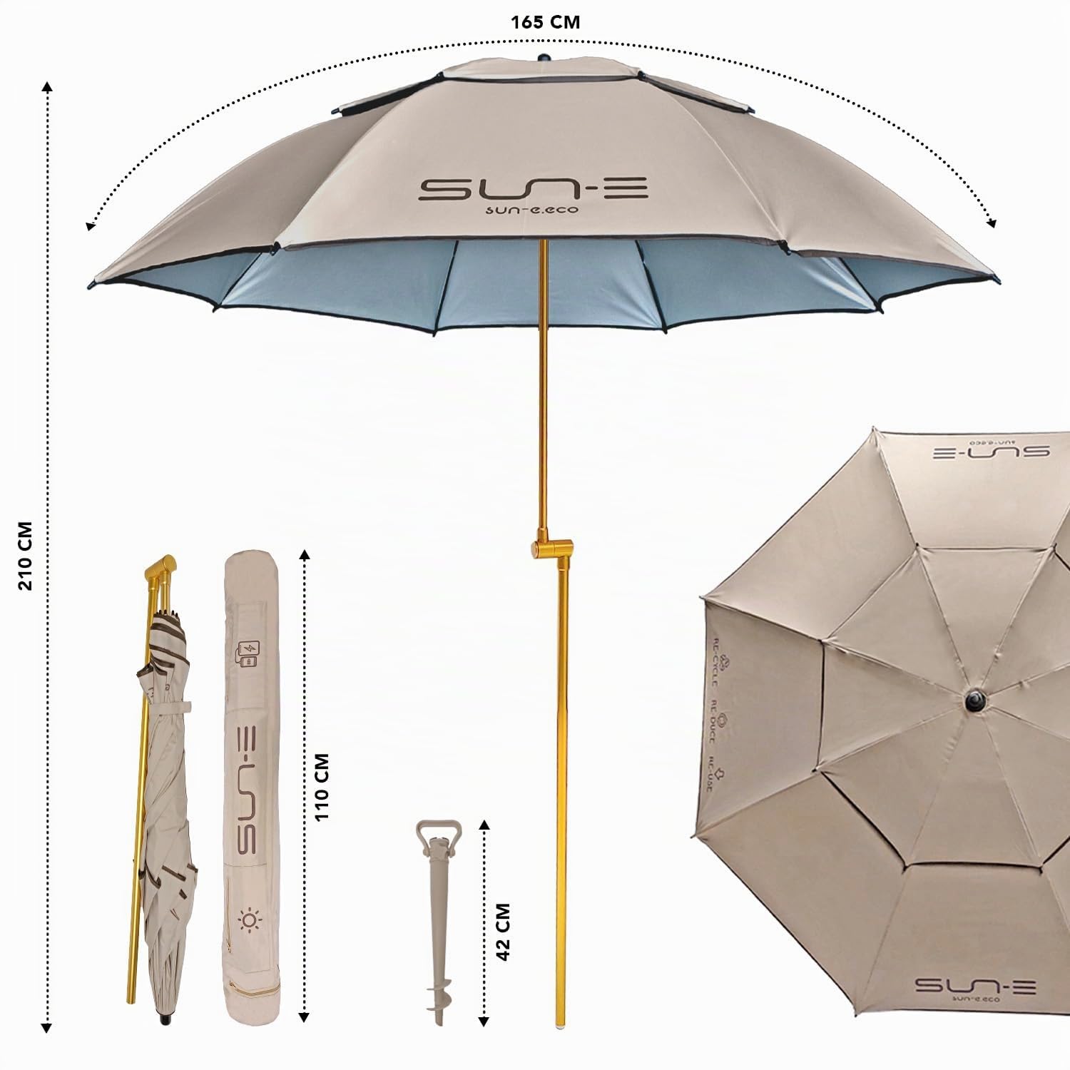 PERLETTI Sombrilla Playa Grande Antiviento Plegable - Parasol Jardin Proteccion UV con Soporte Diseño Moderno - Sombrilla Terraza Exterior Inclinable con Funda Transporte Ligero - Diámetro 165 cm