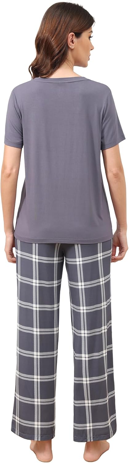Women's Bamboo Viscose Pajama Set Soft Short Sleeve V-Neck Top and Pants Sleepwear with Pockets Loungewear S-XXL - Image 4