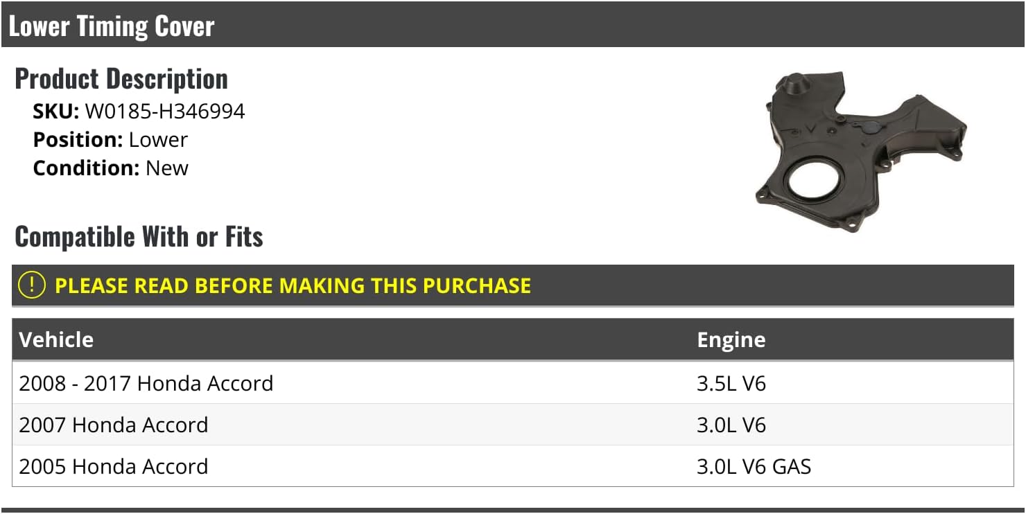 Marketplace Auto Parts Lower Timing Cover - Compatible with 2005, 2007-2017 Honda Accord 3.0L 3.5L V6