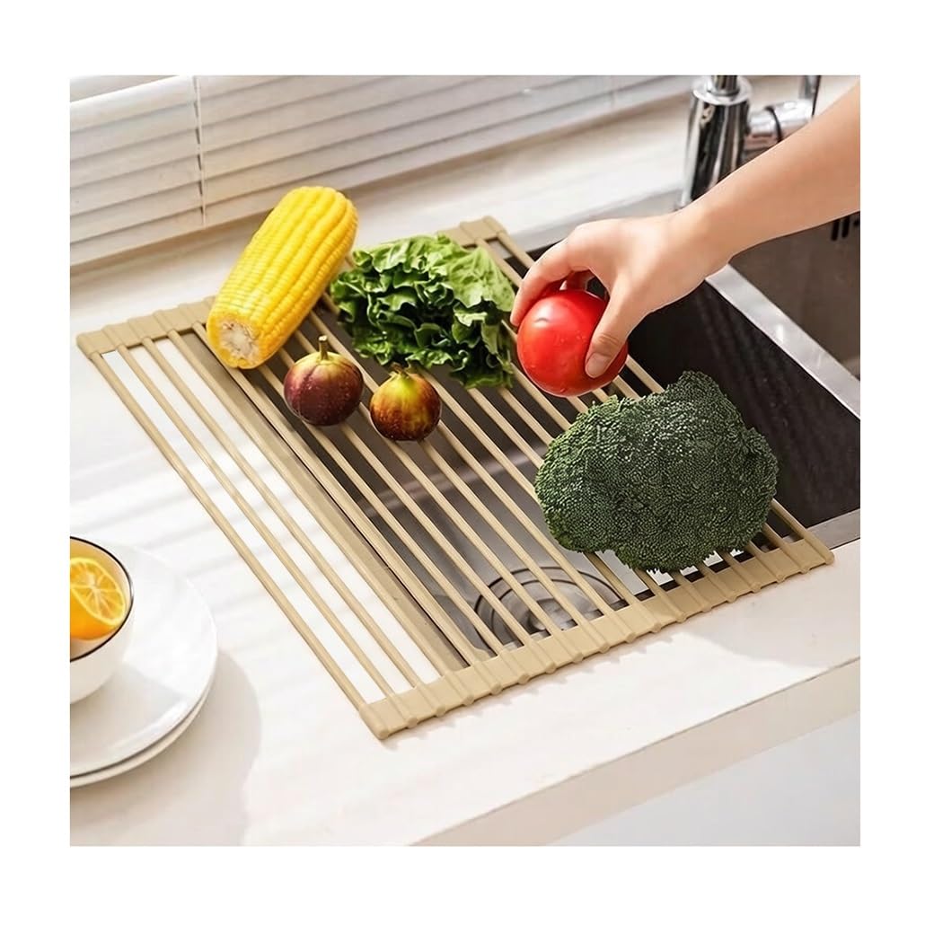 Escurridor de platos enrollable multiusos, escurridor de cocina plegable para colocar sobre el fregadero, barra de acero inoxidable con cubierta de silicona completa, escurridor antideslizante para e