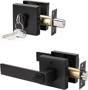 مقبض الباب الخارجي للخدمة الشاقة KNOBWELL مع أسطوانة مزدوجة Deadbolt ، مقبض باب مربع من الصلب الصلب الصلب مع مجموعة Deadbolt للباب الأمامي أو المكتب ، إنهاء أسود غير لامع ، 1 حزمة