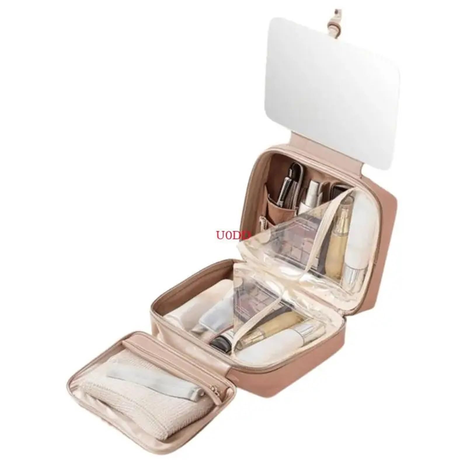 Neceser colgante de gran capacidad con espejo y gancho, material de poliuretano, resistente al agua, color beige, organizador de cosméticos de viaje