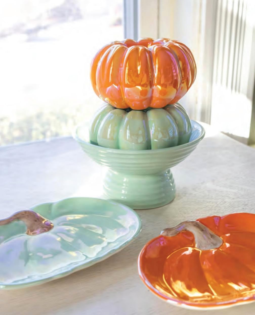 Boston International Ceramic Pedestal Bowl Serving Dish, 5" x 3.5" inches, Ribbed Lustrous Aqua