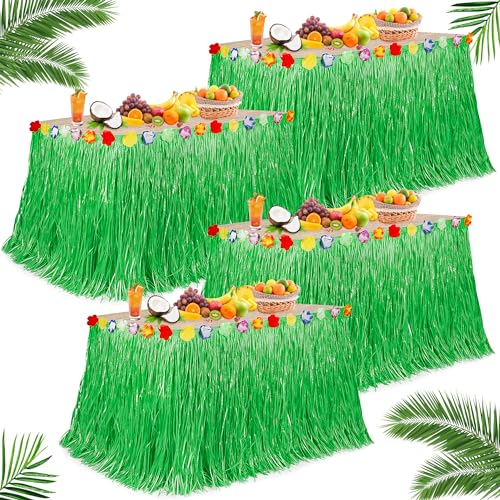 4Pack Green Grass Table Skirt for Luau Beach Hawaiian Party Decorations
