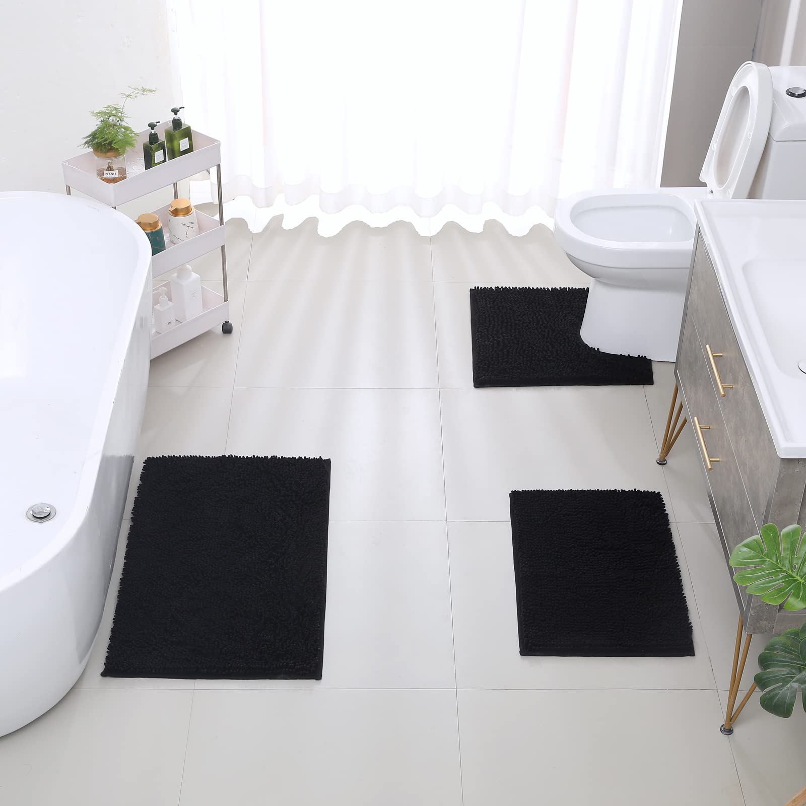 Tappeti da bagno, super assorbenti, lussuosi tappeti da bagno in ciniglia, resistenti e morbidi, lavabili per vasca, (nero, 50,8 x 50,8 cm + 43,2 x 61 cm + 50,8 x 81,3 cm)
