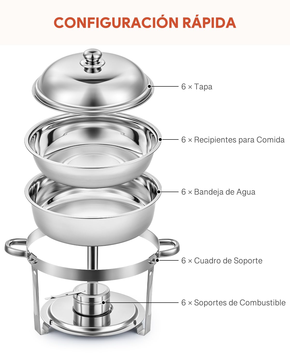 Wilprep Juego de 6 Calentadores de Comida para Buffet Redondos, Acero Inoxidable 5L con Bandeja de Calefacción y Tapa, Chafing Dish para Restaurantes, Catering, Fiestas, Bodas y Picnics (6PCS)