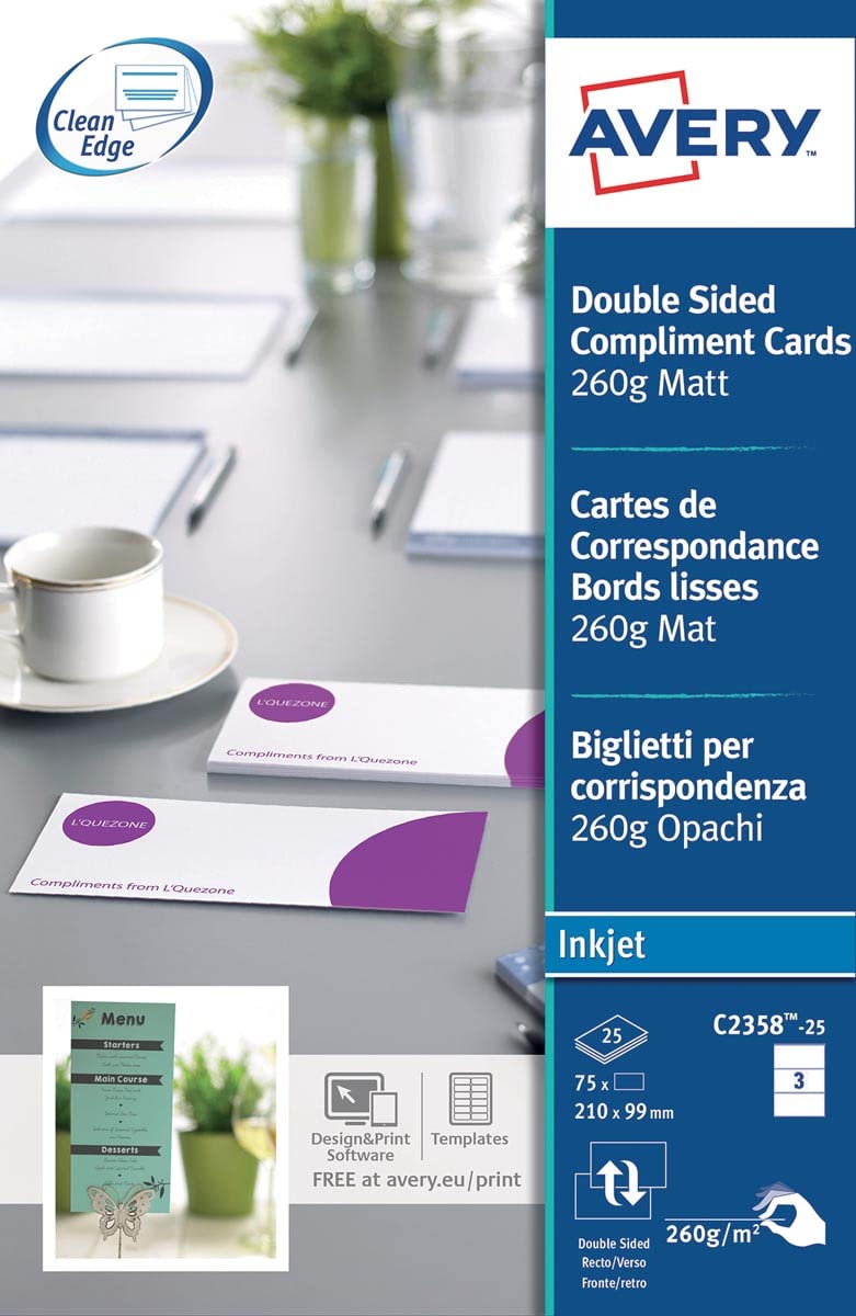 75 cartes de correspondance Quick&Clean r/v° bords lisses Mat blanches 260 g/m² 210 x 99 mm, Jet d'encre (25 feuilles/cdt)