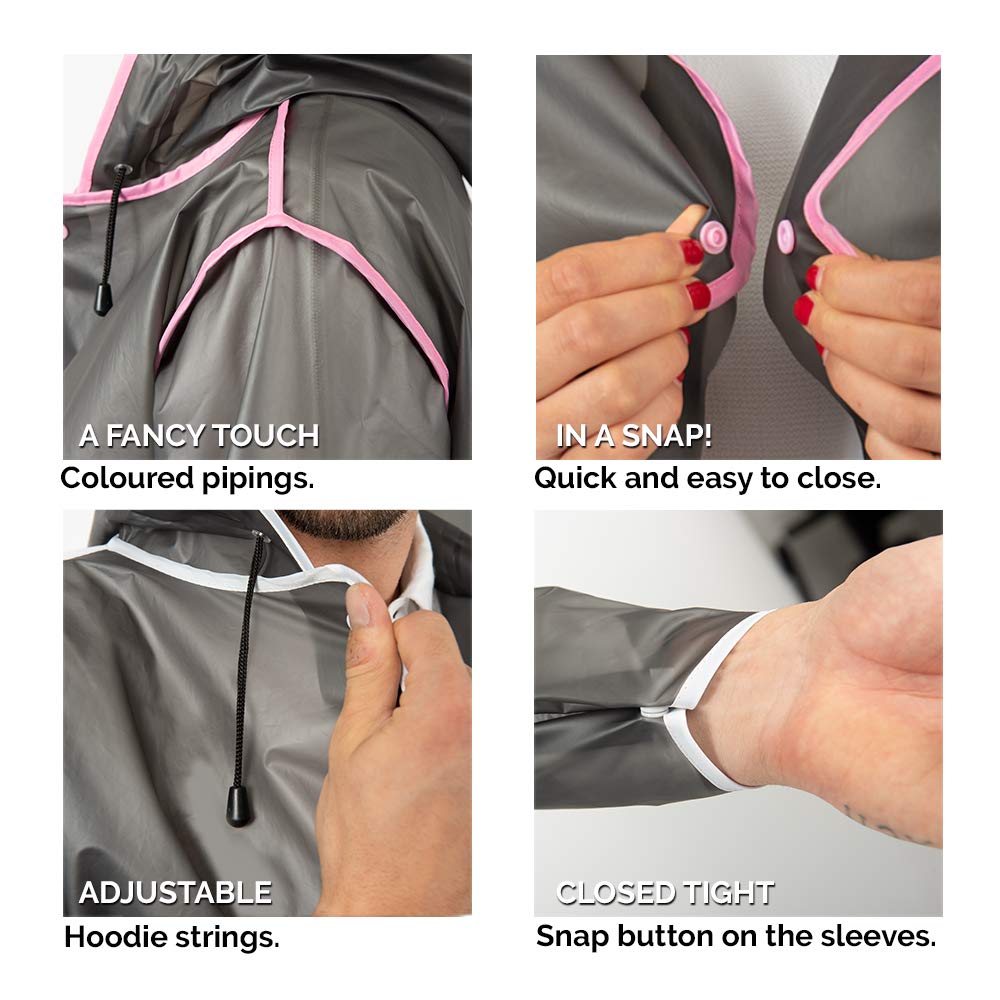 PERLETTI Chubasquero Hombre Mujer Ligero y Reutilizable - Impermeable Hombre Mujer Resistente al Agua - Ropa de Agua Impermeable Detalles Reflectantes Capucha Botones (L, Negro con Borde Reflectante)