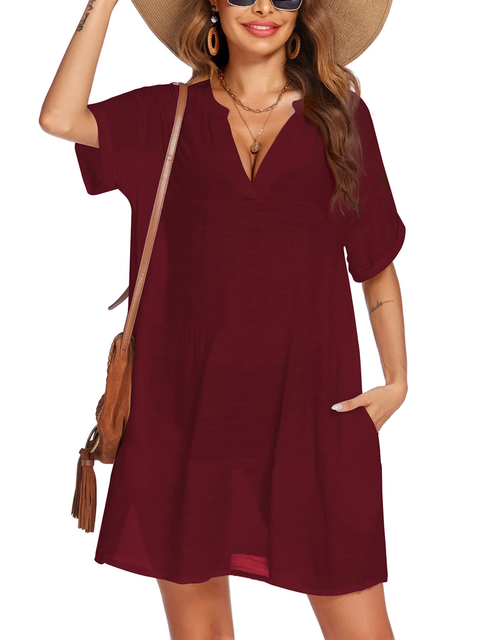 Vestido playero rojo XL con bolsillo para cubrir el bikini de mujer 6