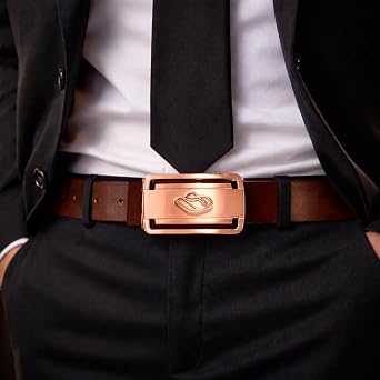 Men's Genuine Leather Dress Belt, Black or Brown Rose Gold Buckle Dress Belt with Classic Pin Buckle with Gift Box