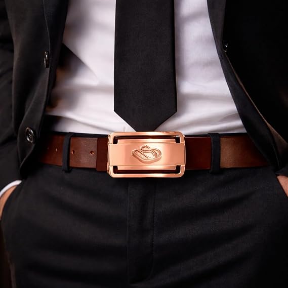 Men's Genuine Leather Dress Belt, Black or Brown Rose Gold Buckle Dress Belt with Classic Pin Buckle with Gift Box