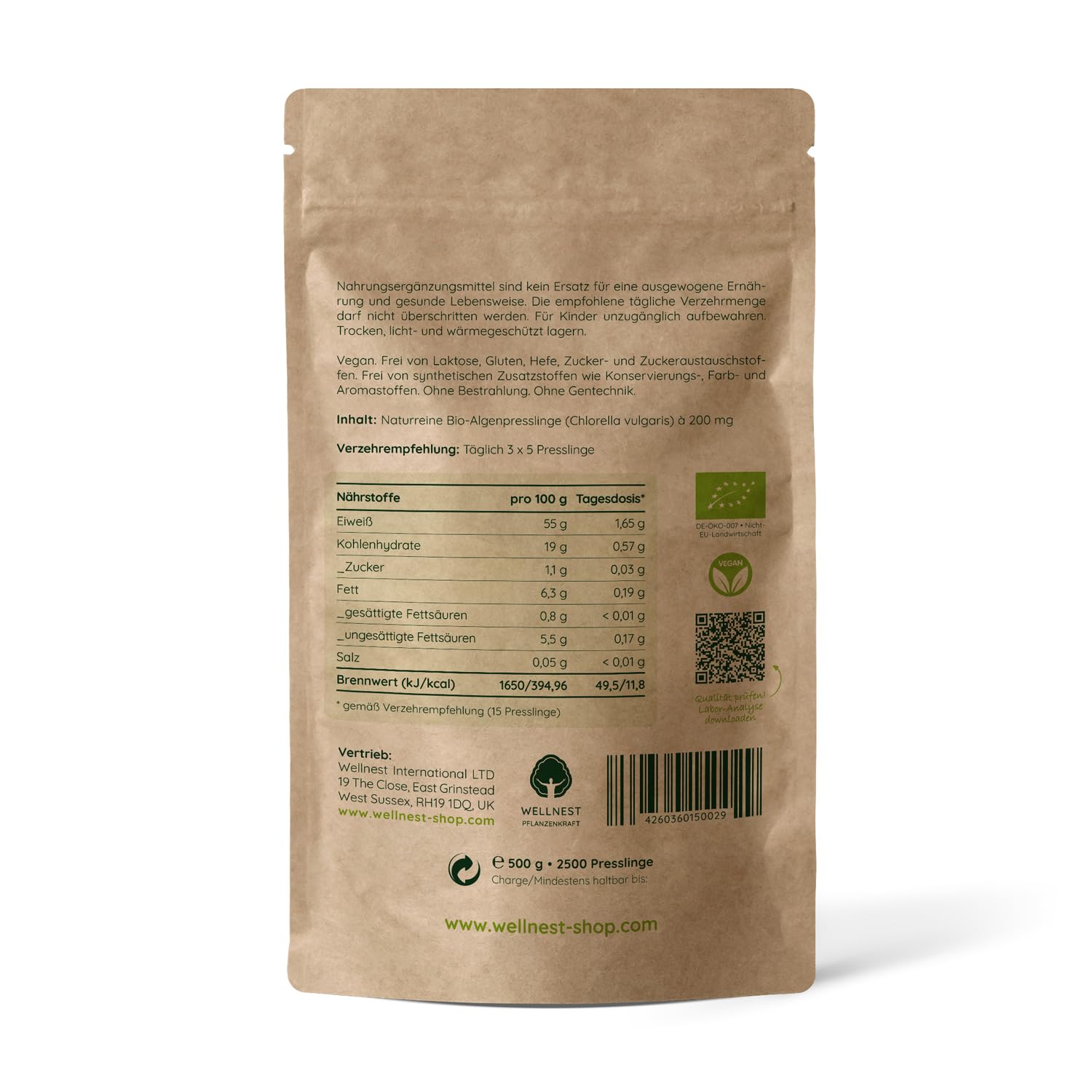 Bio Chlorella 500 g | Detox Superfood vegan | Algen reich an Mineralstoffen, Vitaminen und Spurenelementen | 2.500 Presslinge á 200 mg | Rückstandsgeprüft in deutschem Labor
