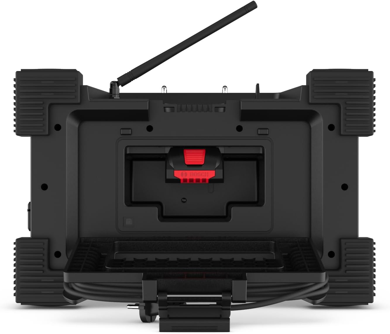 PerfectPro ROCKHART 18V Jobsite Radio with open battery compartment