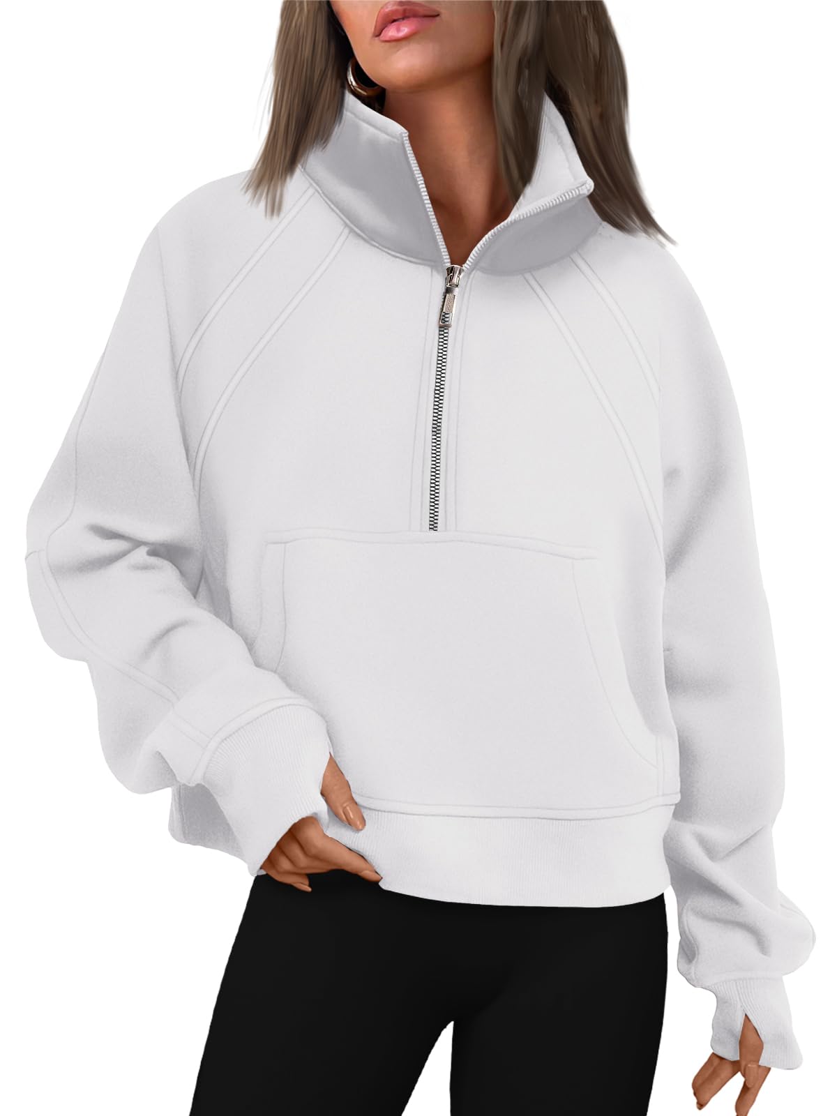 Women’s Half Zip Fleece Sweatshirt, Winter Sweaters with Zipper and Thumb Hole