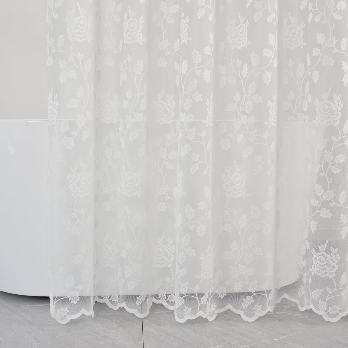 TERLYTEX Rideau de douche en dentelle ivoire avec cantonnière attachée, broderie champêtre, motif floral, vigne, voilage festonné en dentelle transparente de 183 cm de long pour salle de bain, 183 x