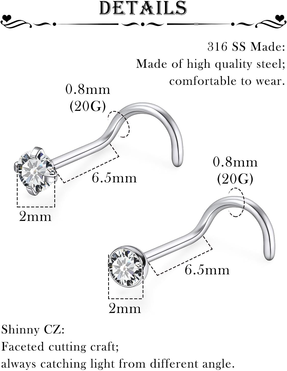 18G 20G 22G Stainless Surgical Steel Titanium Nose Rings Studs for Women L Shaped Nose Studs Screw Nose Rings Nostrial Piercing Jewelry for Women Men Silver Gold Black