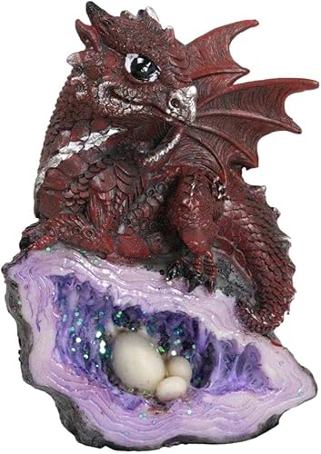 Miniatura 5 de Ebros Gift Fantasía dragón rojo sobre cristal fósil volcánico púrpura imitación geoda con huevos figura 4.75 pulgadas de alto fantasía mítica