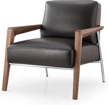 Genuine Leather Lounge Chair, Mid-Century Modern Leather Accent Chair with Wooden Arms- Black