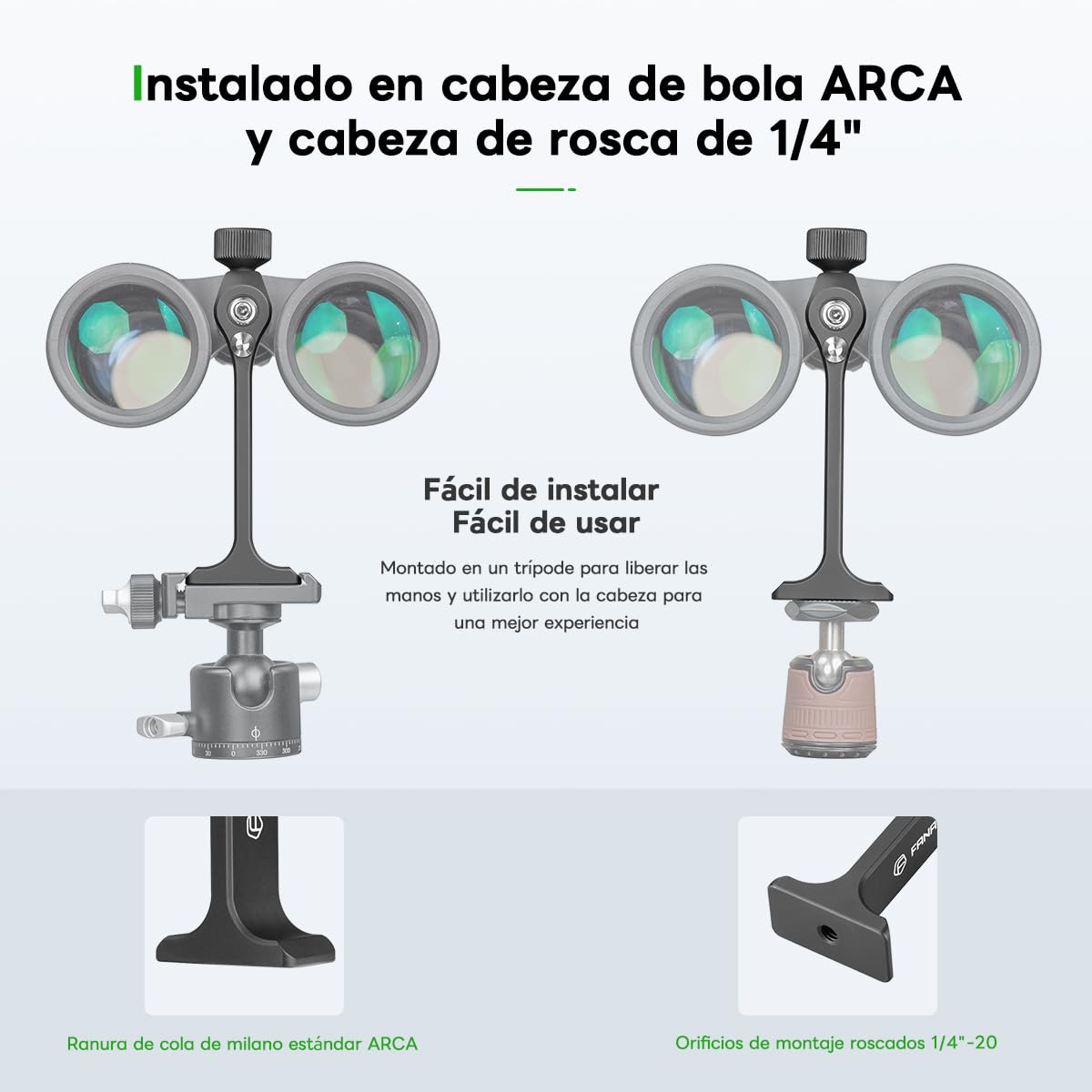 FANAUE Adaptador de trípode Binocular con 1/4-20" rosca compatible con prismáticos Porro y rótulas Arca, adaptador universal trípode para observación de aves caza, observación de animales y mucho más.