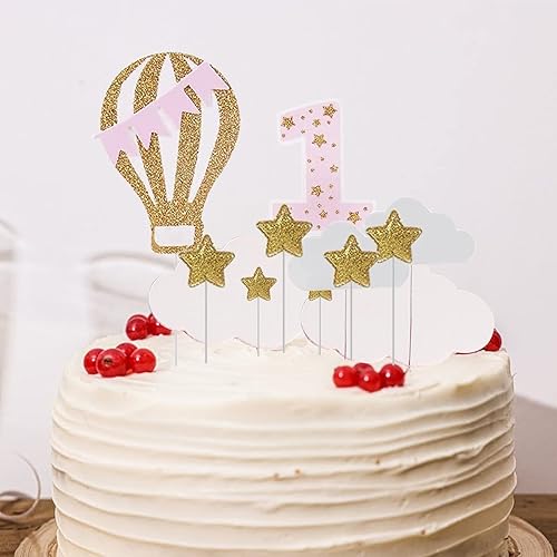 Miniatura 7 de BLMHTWO Juego de 24 decoraciones para pastel de primer cumpleaños, decoración de globo aerostático con nubes blancas y estrellas con purpurina,