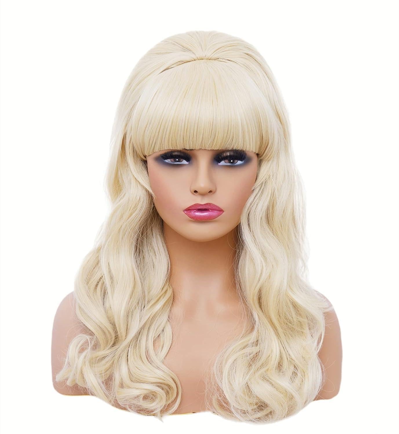 PORSMEER Beehive Blonde Wig for Women 60s Vintage Long Curly Bouffant Updo Victorian Fembot Wig 50s 70s Costume Married Housewife Heat Resistant Synthetic Hair Wigs for Pink Halloween Party