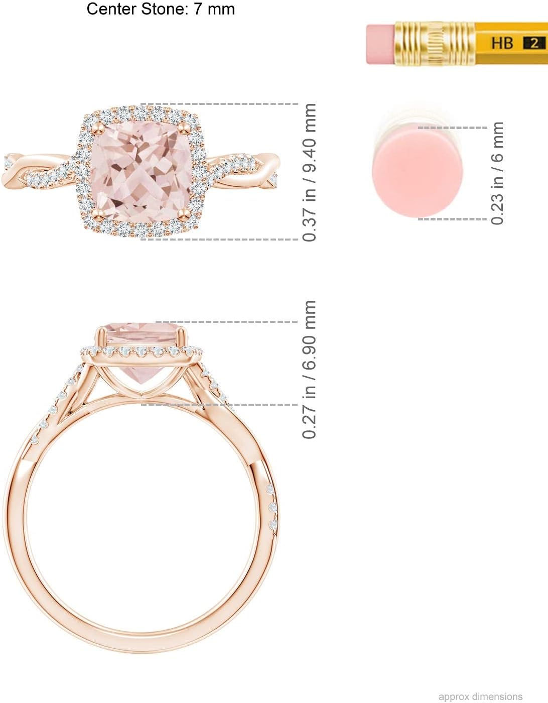 Angara Natural Morganite Engagement Ring for Women | Twisted Shank Cushion Morganite Halo Engagement Ring in Rose Gold | April Birthday, Gemstone Jewelry Gift | AAA | 7mm | Ring Size- 5.5
