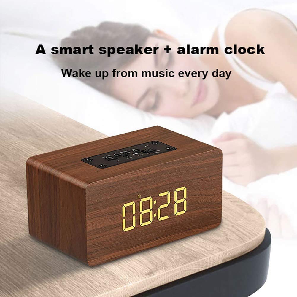 ERNZI Reloj Despertador con Radio Junto a la Cama, Reloj Despertador Digital de Madera sin tictac con Altavoz y micrófono Bluetooth,batería de 1500 mAh, reproducción de 40 Horas,Marrón