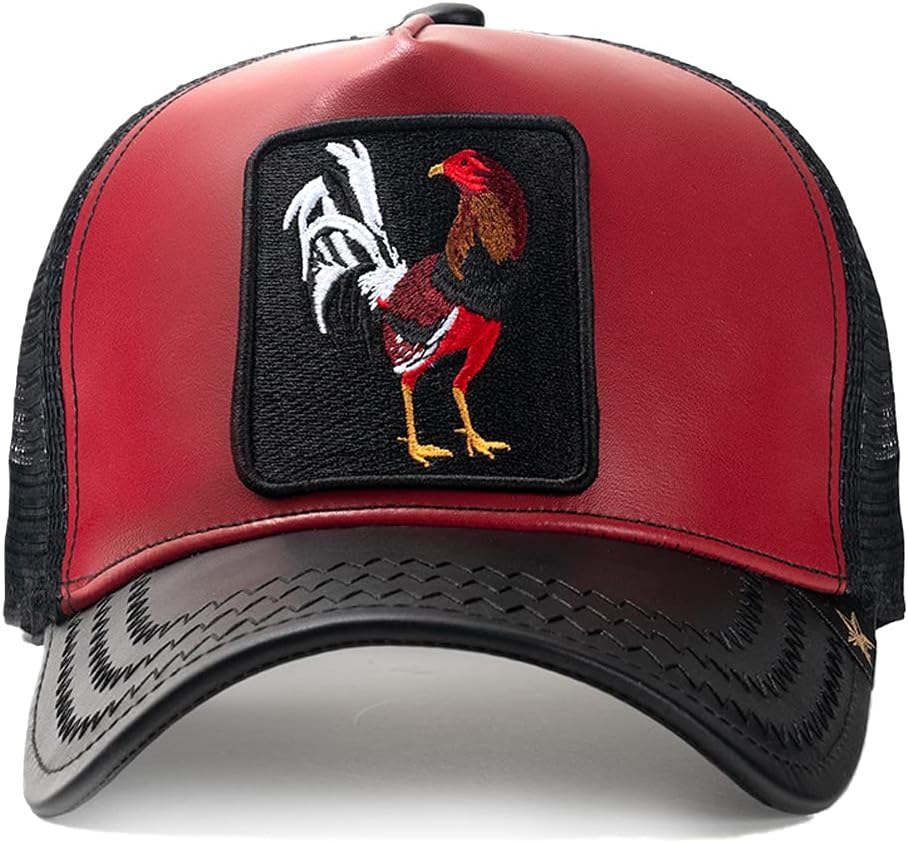 GOLD STAR HATCock Rooster Black/Burgundy Leather Fighting Trucker HAT, Black, Burgundy, One size