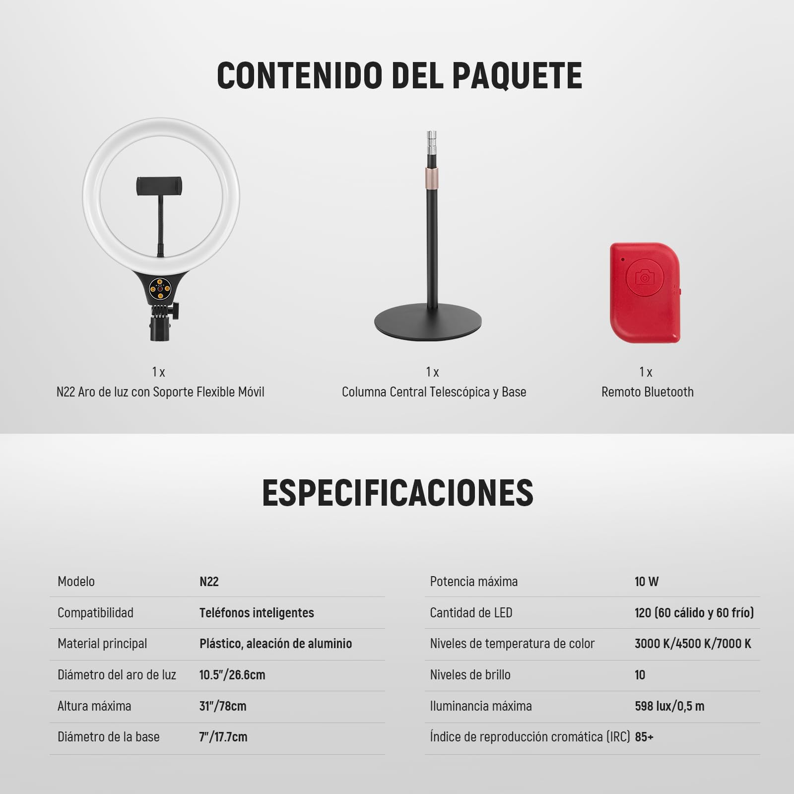 NEEWER Entry Level Version 10.5" Aro Luz Escritorio con Soporte/Soporte Móvil Compatible con iPhone/Remoto,10W LED Iluminación para Streaming Grabación Maquillaje Selfie Videoconferencia Portátil,N22