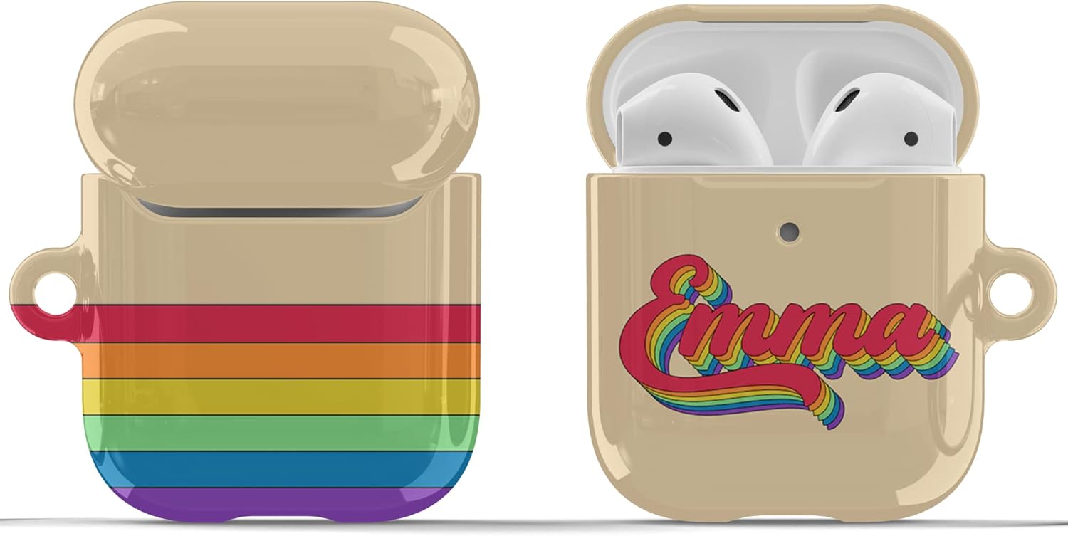 Custom LGBTQ Rainbow Pride Flag Gay Retro Name Case Designed for AirPods Gen 1 & 2 / AirPods Pro Case, Cute Personalized Name Hard Cover with Free Keychain