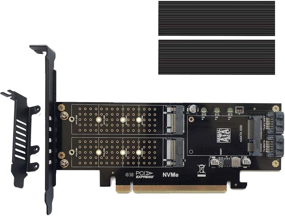 Angel mall NVMe Adapter, M.2 NVMe (M Key) to PCIe, M.2 SATA (B Key) SSD to SATA III Adapter, mSATA(3050mm) to SATA 3 in 1 Driver, with Heatsink and Low Profile Bracket for PC Desktop