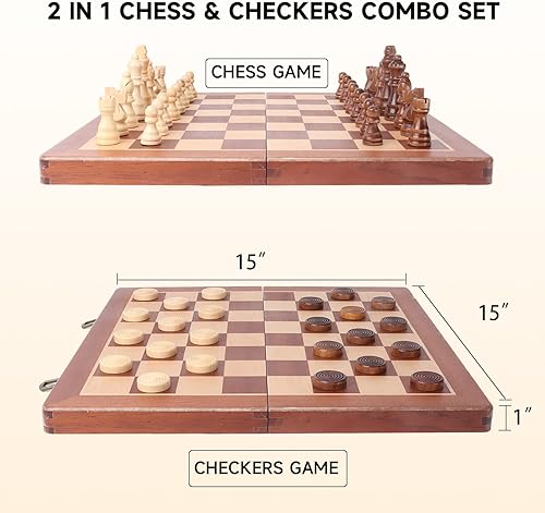 Vista 51 de GSE Games & Sports Expert Juego de ajedrez de madera de 15 pulgadas, juego de tablero de ajedrez plegable con ranuras de almacenamiento de piezas