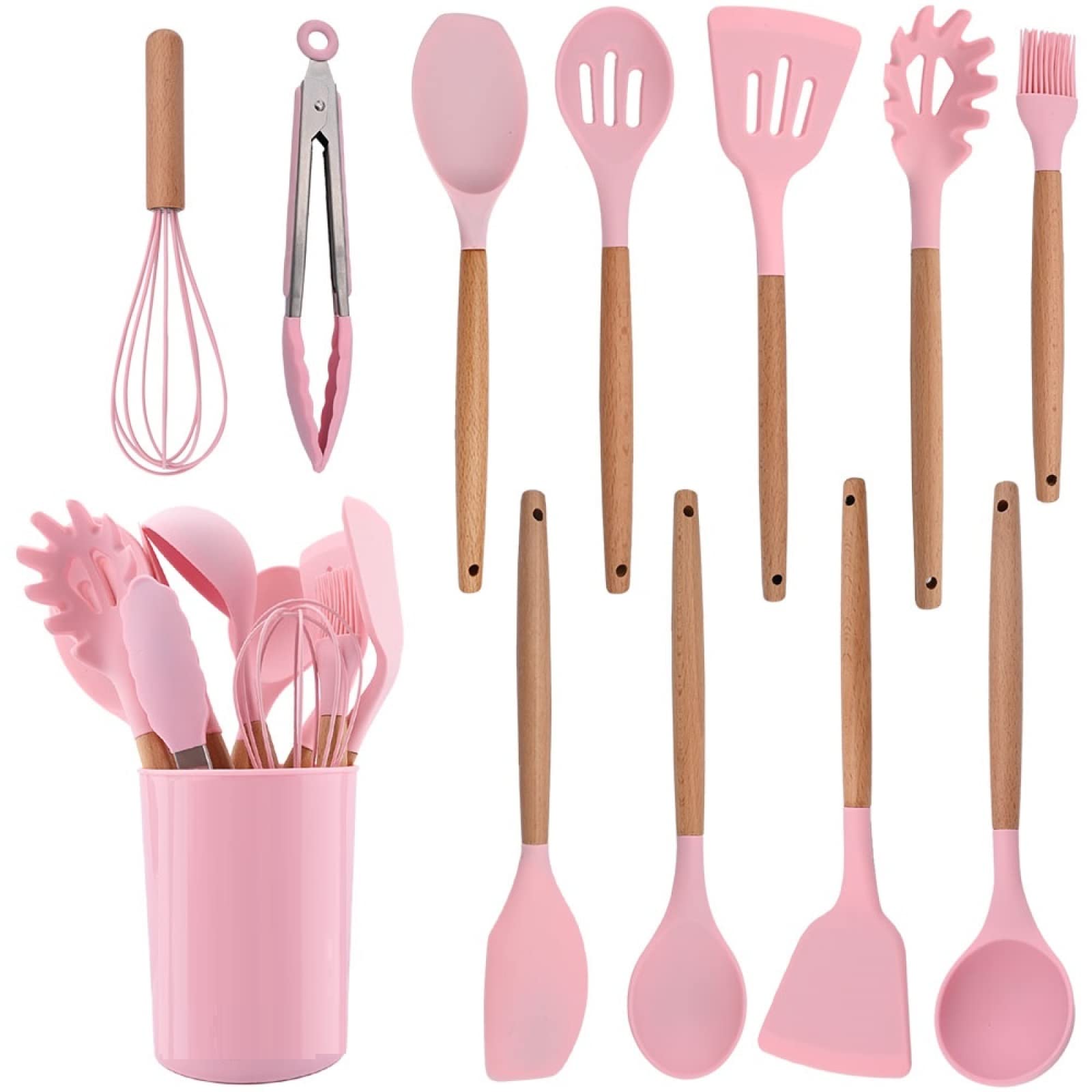 GTHTUHFD Cooking Spatulas And Spoons,Spoon Setcooking Utensils Set Silicone Kitchen Utensil Nonstick Cooking Utensils Wooden Handle Cookware Baking Gadget Set,Pink 12pcs