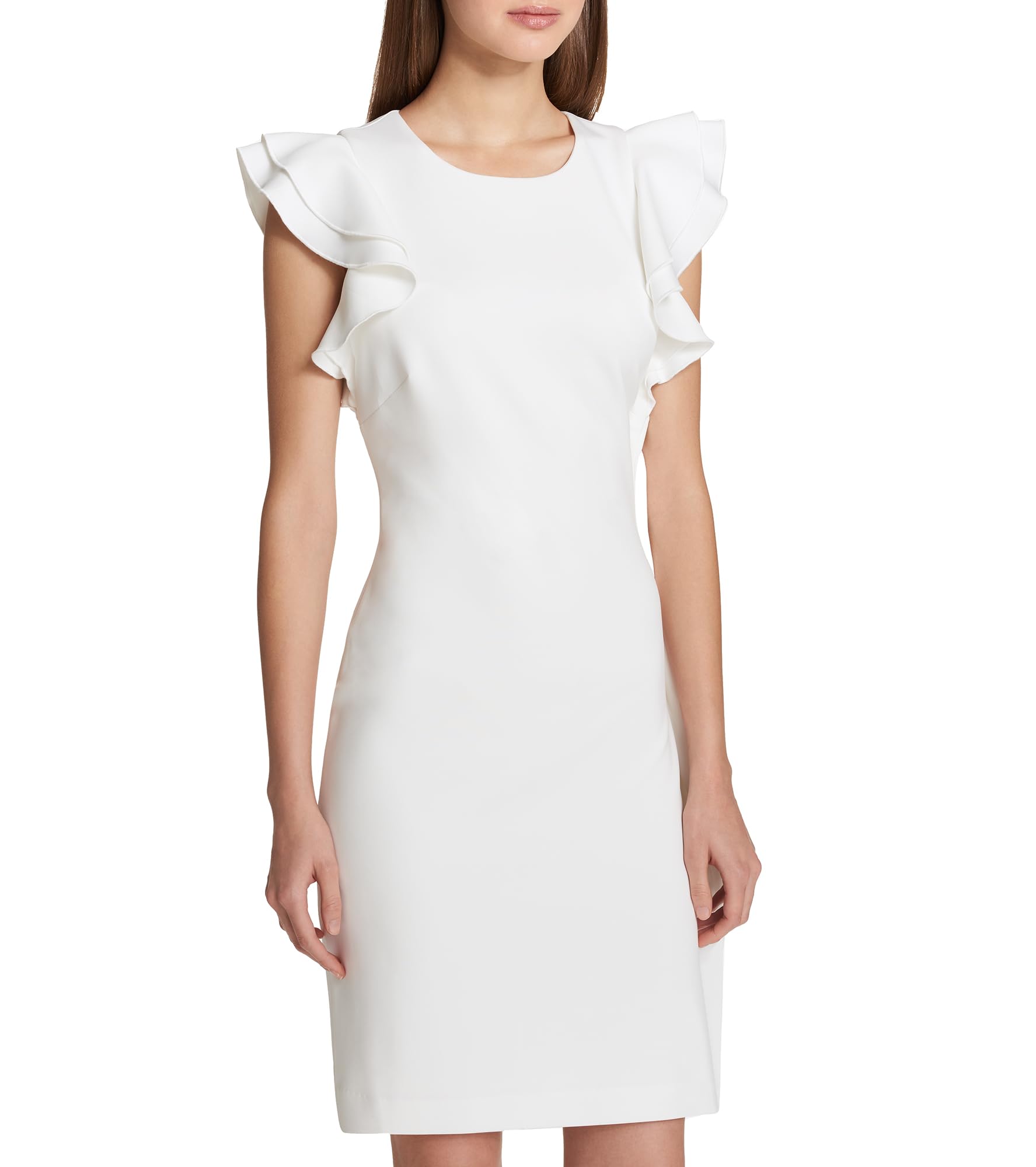 Tommy Hilfiger Women's Sleeveless Ruffle Hem Jewel Neck Crepe Sheath Mini Dress