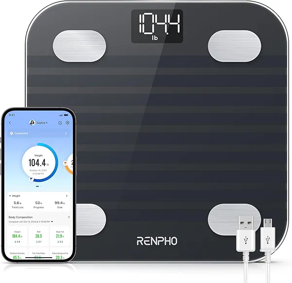 RENPHO Rechargeable Smart Scale for Body Weight, Electronic 13 Body Composition Monitors sync with App, Bluetooth Digital Bathroom Scales, Elis 1, Black, 396 lbs