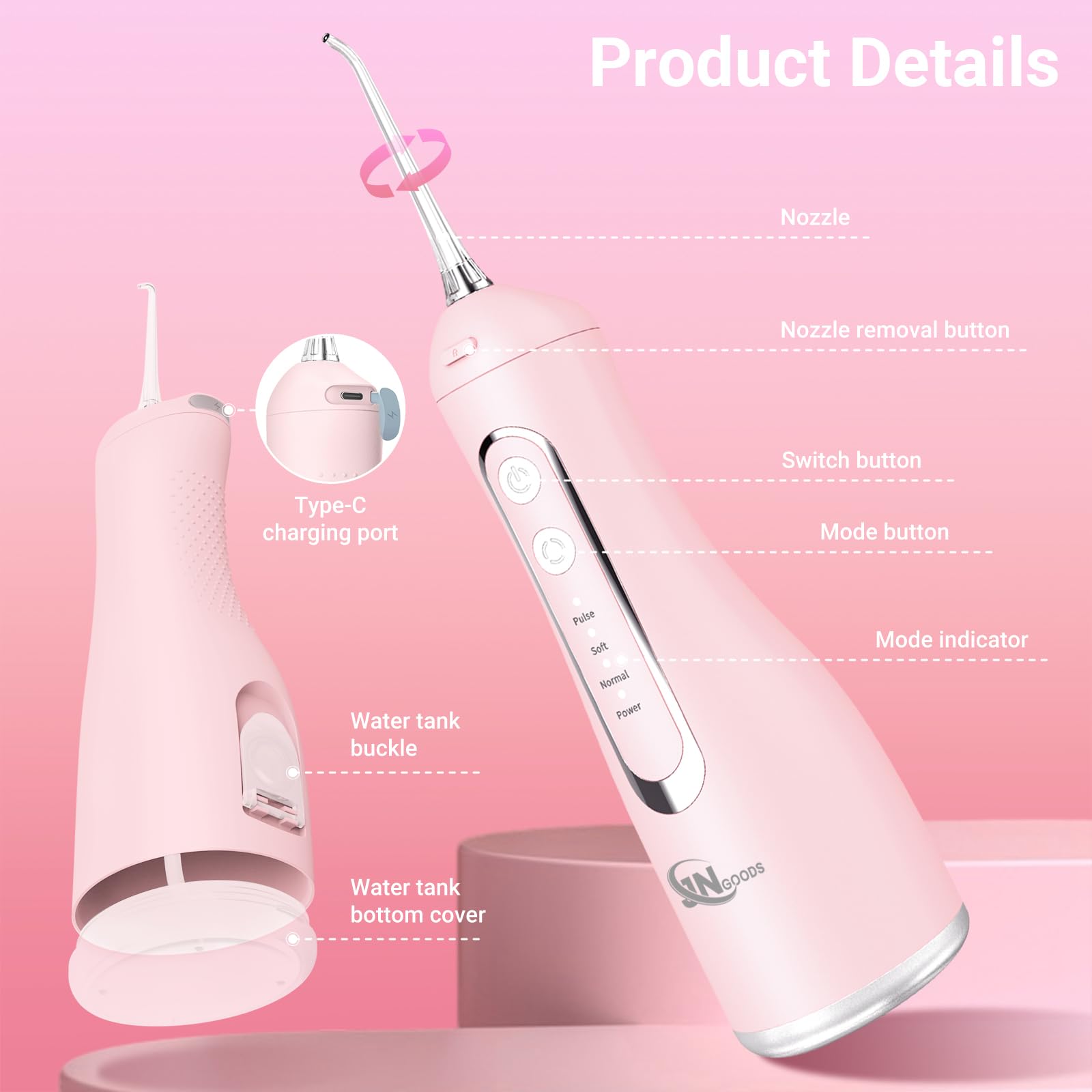 JNGOODS JNGOODS - Irrigador bucal inalámbrico de agua, 300 ml, recargable para dientes, IPX7, impermeable, 4 modos, irrigador oral portátil con 4 puntas de chorro, uso doméstico de viaje (rosa)