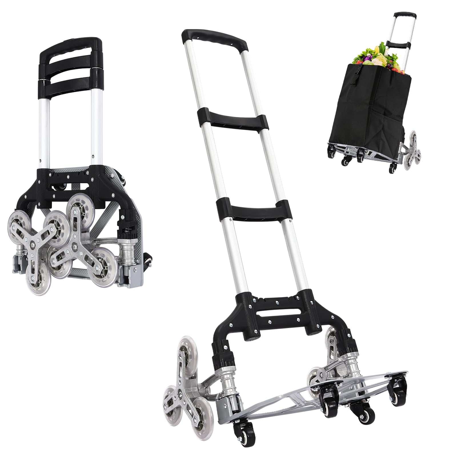 Carrello pieghevole fino a 70 kg, manico estensibile 67 – 106 cm, carrello per scale con 6 ruote in gomma, quattro ruote girevoli a 360°, carrello in alluminio