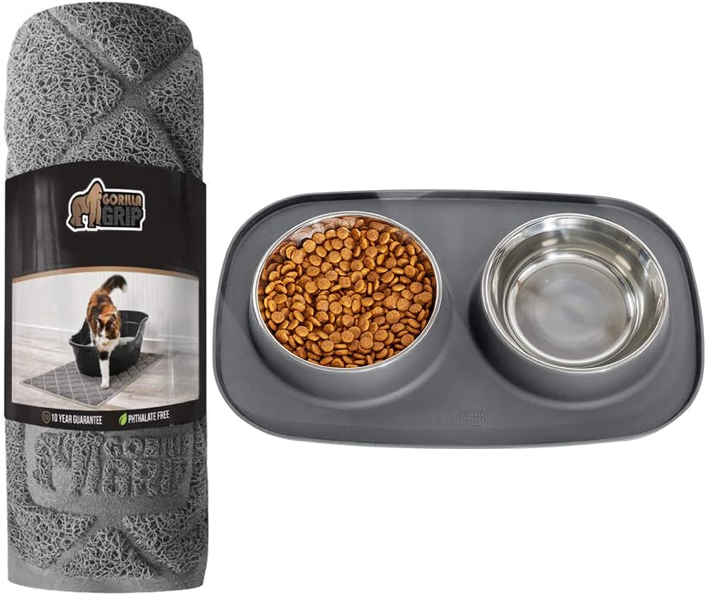 Gorilla Grip Cat Mat and Silicone Pet Feeding Mat with Bowls Set, Cat Mat is Size 30x20, Silicone Pet Feeding Mat with Bowls Set Holds 1 Cup, Both in Gray Color, 2 Item Bundle
