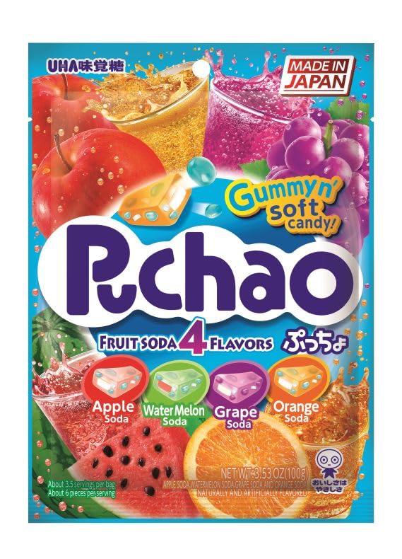 Puchao Japanese Chewy Candy, 4 Fruit Soda Flavors - Apple, Watermelon, Grape, Orange, Soft Candy...