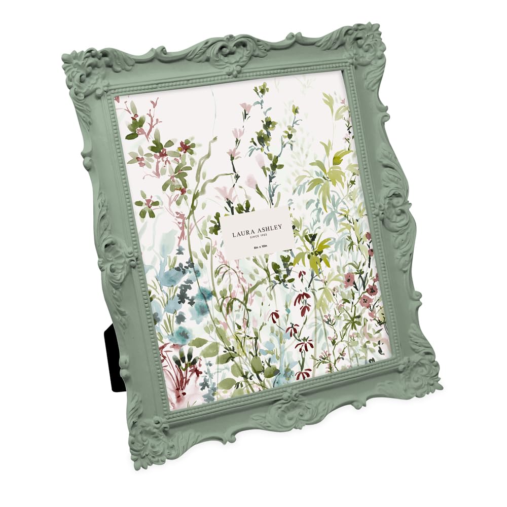 Laura Ashley 8x10 Matt Rosemary Ornate Textured Hand-Crafted Resin Picture Frame with Easel, for Tabletop & Wall Display, Decorative Floral Design