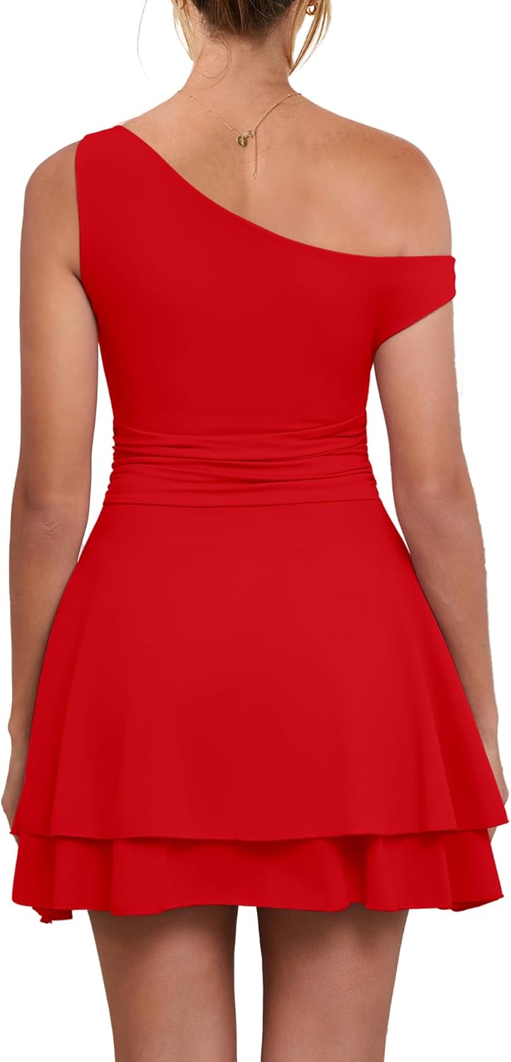 Kaximil Women's Sexy Ruffle Hem Mini Dress One Shoulder A Line Ruched Short Party Dresses - Image 2