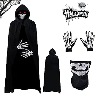 Grim Reaper Halloween Costume with Skeleton Mask Gloves and Sickle Grim Reaper Cloak with Hood for Halloween Party