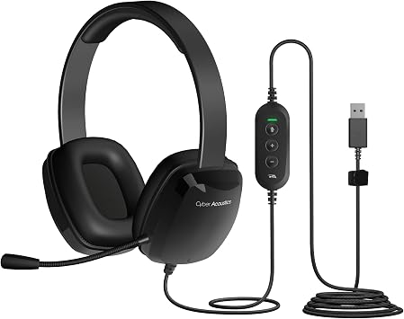 Cyber Acoustics Stereo USB Headset AC-6012, Unidirectional Microphone with Flexible Boom for PC & Mac; In-line audio controls; Perfect for Classroom or Home