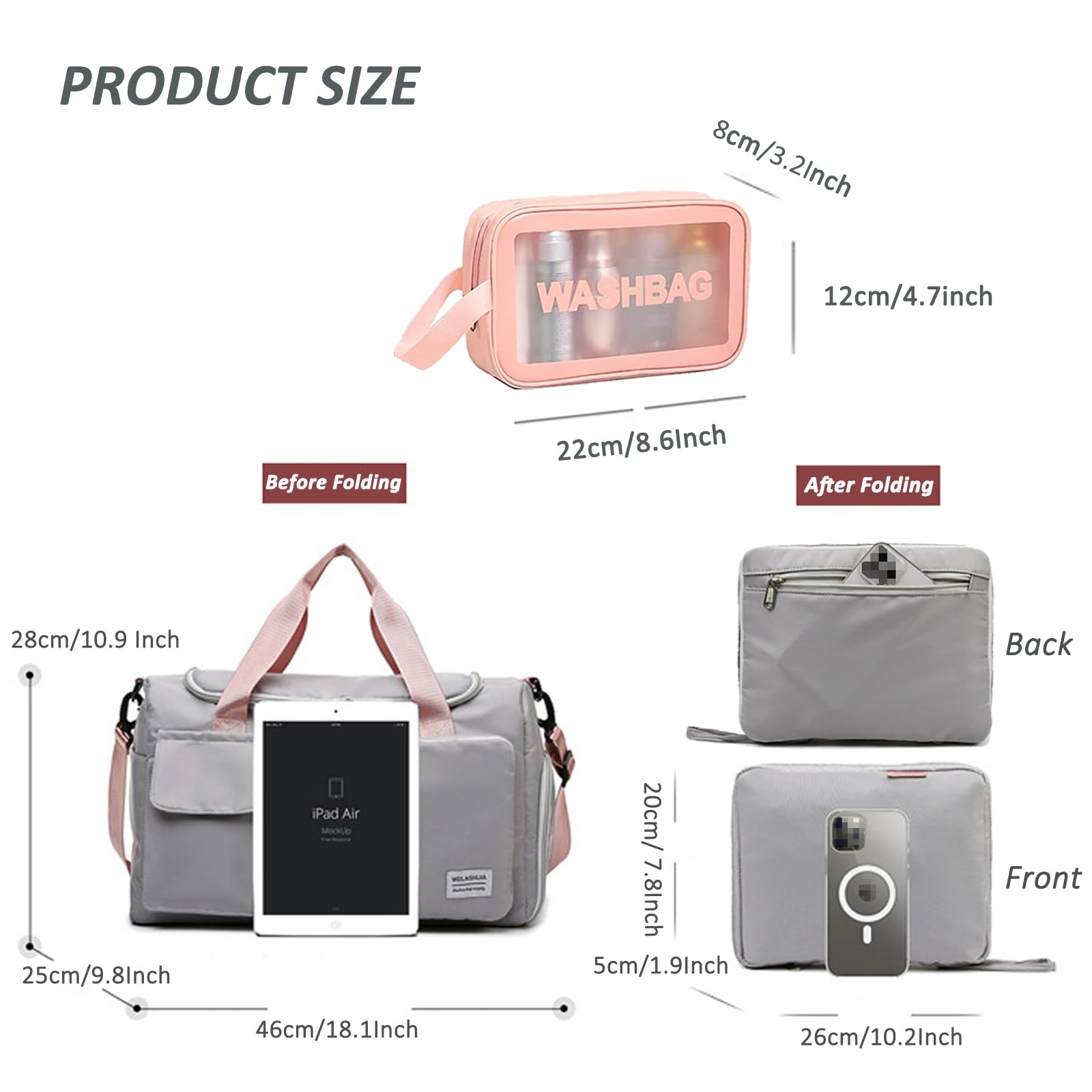 Borsa da viaggio, borsa da viaggio pieghevole di grande capacità, borsa da palestra sportiva con tasca bagnata e scomparto per scarpe, borsone da viaggio pieghevole, borsa da viaggio per donne e