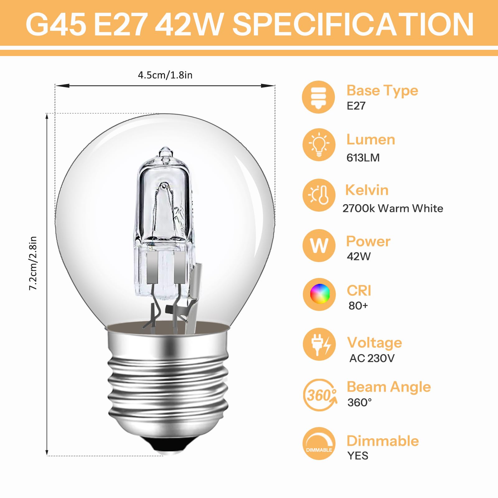 Ampoules Halogènes G45 E27 42W - Blanc Chaud 2700K - Dimmable - Lot De 5 - Pour Lustre & Applique