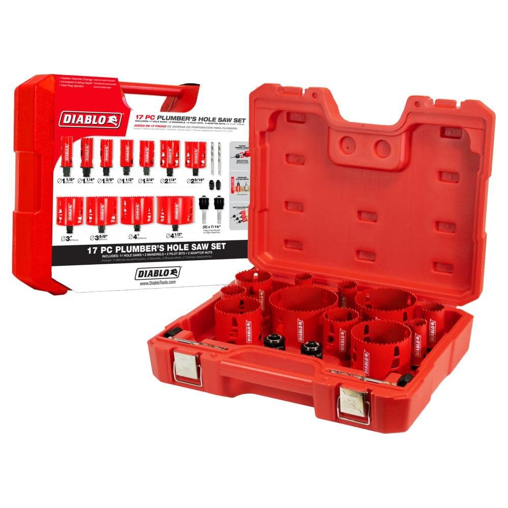 Bi-Metal Hole Saw Set for Plumbers - Fits with Snap-Lock Plus Mandrel System - 11 Saw Cups, 2 Snap-Lock Plus Mandrels, 2 Pilot Bits, 2 Adaptor Nuts - DHS17SPL