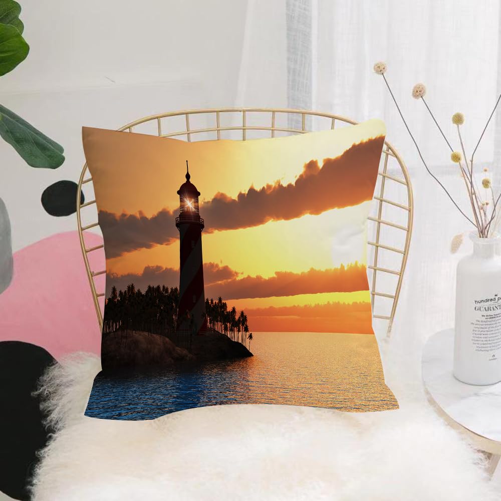 HYOSXW Cushion Cover,Throw Pillow Case Home Decorative for Living Room Bedroom Sofa Chair 16X16 Inch,Lighthouse decor, sunset with lighthouse on the island in the Me,Pillowcase 40X40cm